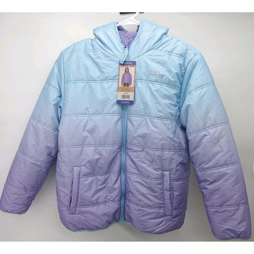 EDDIE BAUER Youth Girls Reversible Hooded Jacket - Dream Blue L 14-16 NWT